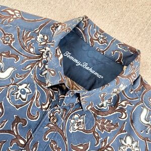 Tommy Bahama Blue Floral‎ Batik Long Sleeve Shirt Men's L Button Up Flip Cuffs